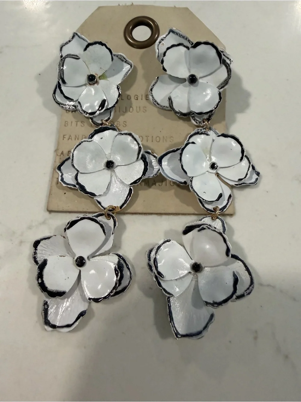 Anthropologie White & Black Trim Floral Drop Earrings